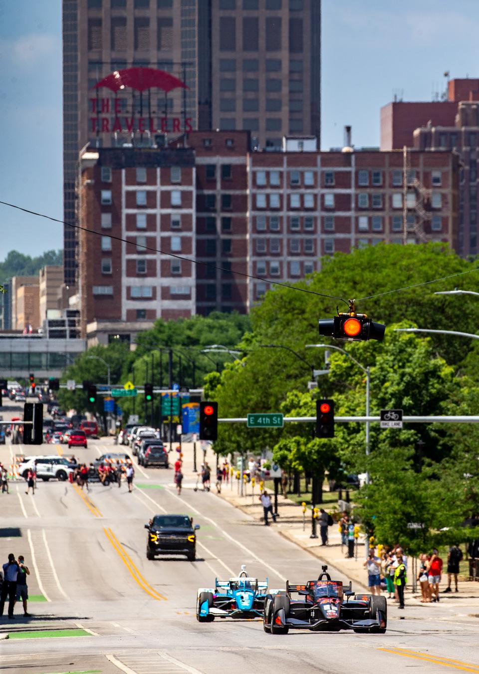 IndyCar drivers Jack Harvey of the No. 45 Hy-Vee Honda and Josef Newgarden of the No. 2 Hitachi Chevrolet drove their cars down Grand Avenue in Des Moines back in June.