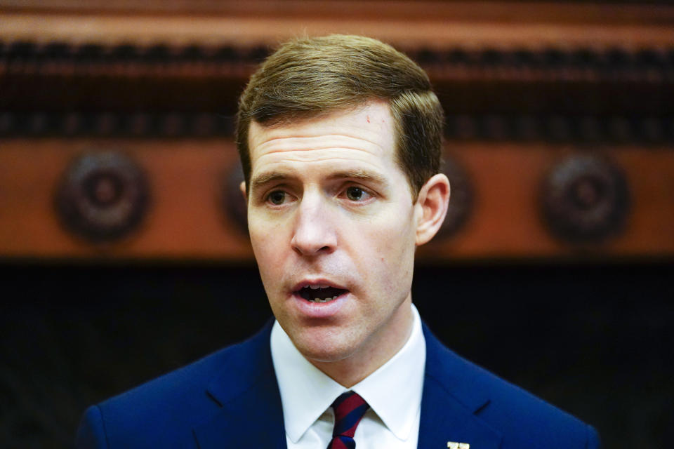 FILE - U.S. Senate candidate Rep. Conor Lamb, D-Pa., speaks during a news conference at City Hall in Philadelphia, Jan. 18, 2022. President Joe Biden will appear in Pittsburgh on Friday as the opening step in a broader campaign to promote the White House's achievements in key states ahead of the midterm elections. Lamb, a longtime Biden supporter based in Pittsburgh, will be in attendance, his office confirmed. (AP Photo/Matt Rourke, File)