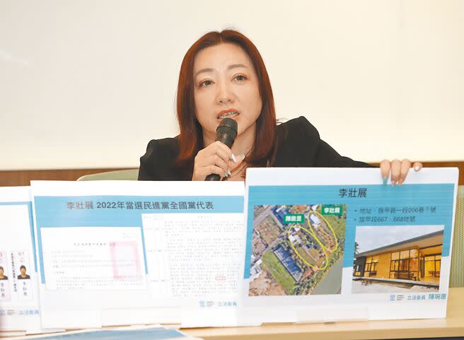 民眾黨立委陳琬惠10日在立法院舉行「綠營權貴集體違法 黨證無敵拿他們沒辦法？」記者會，再指出擔任民進黨全國黨代表的李壯展、林鶴堯二人的農地都違法蓋豪宅，要求高雄市政府說明何時拆除違法的農地豪宅。（劉宗龍攝）