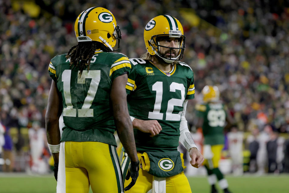 Davante Adams #17 and Aaron Rodgers #12 of the Green Bay Packers celebrate 