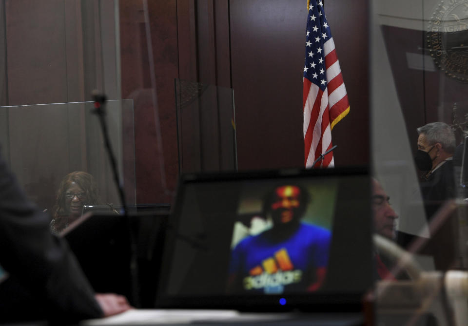 Blanche Anderson gives her victim impact statement at Justice A.A. Birch Building in Nashville, Tenn., on Saturday, Feb. 5, 2022. Jurors are hearing testimony about whether or not to make parole possible after 51 years in prison for Travis Reinking, the man who shot and killed four people at a Nashville Waffle House in 2018. Jurors on Friday rejected Reinking’s insanity defense as they found him guilty on 16 charges, including four counts of first-degree murder. (Nicole Hester/The Tennessean via AP, Pool)
