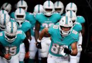 Aug 25, 2018; Miami Gardens, FL, USA; Miami Dolphins wide receiver Danny Amendola (80) runs onto the field prior to the game against the Baltimore Ravens at Hard Rock Stadium. Mandatory Credit: Jasen Vinlove-USA TODAY Sports