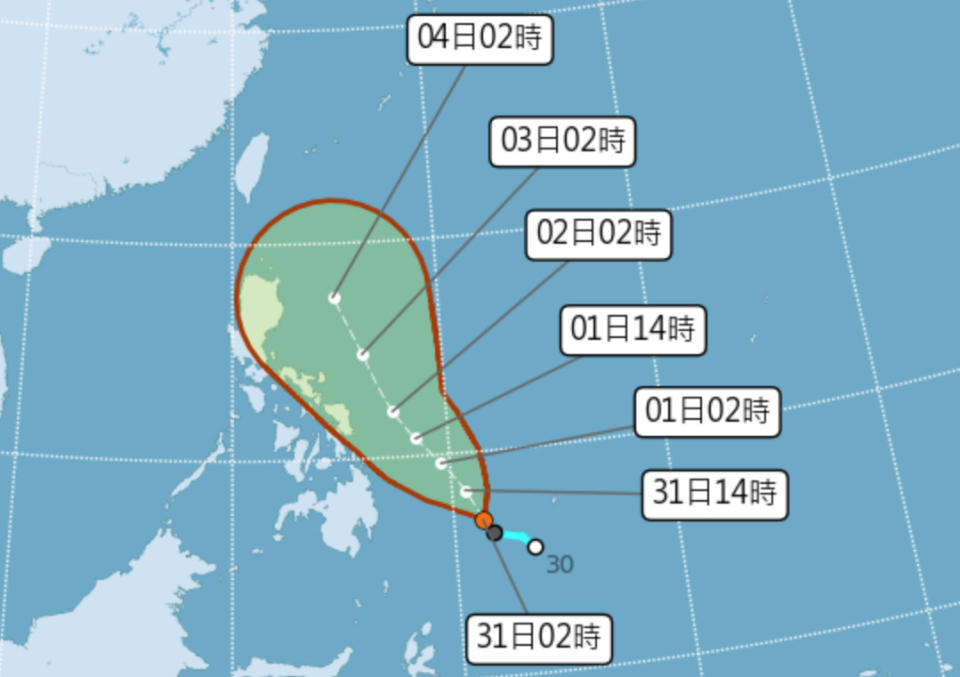 位於帛琉西南方海面的熱帶性低氣壓，最快今增強為今年第3號颱風「彩雲」，會否影響台灣還需觀察。（圖片來源：氣象局，下同）