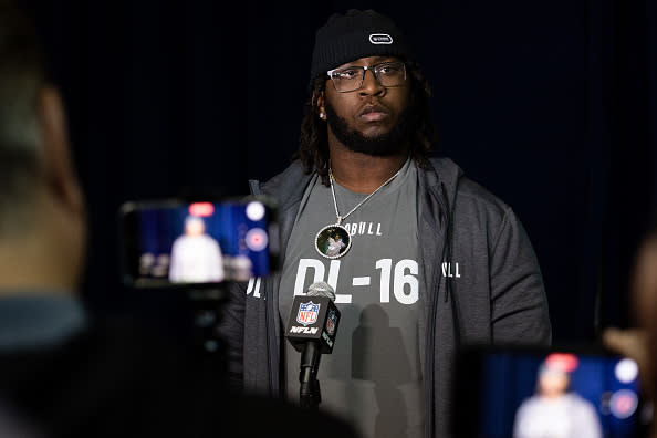 INDIANAPOLIS, INDIANA – FEBRUARY 28: Zion Logue of Georgia speaks to the media during the NFL Combine at the Indiana Convention Center on February 28, 2024 in Indianapolis, Indiana. (Photo by Kara Durrette/Getty Images)