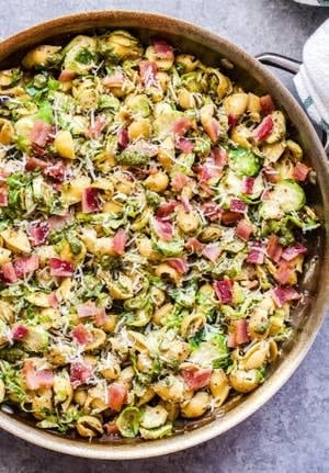 Brussels Sprouts and Bacon Pesto Pasta