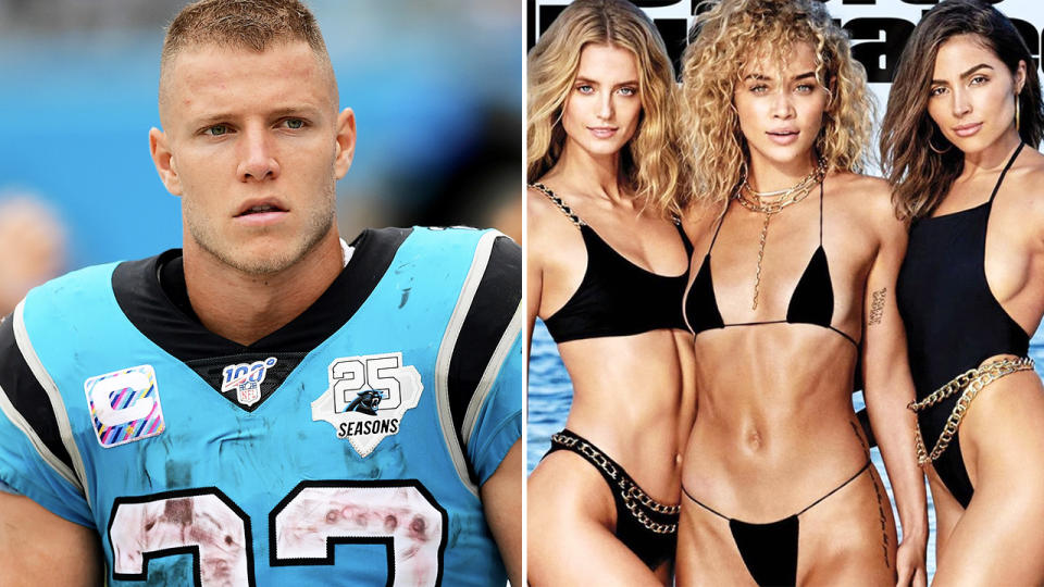 Christian McCaffrey and Olivia Culpo, pictured here in the NFL and on Sports Illustrated respectively.