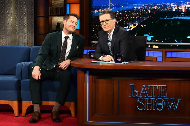 <p>Scott Kowalchyk/CBS</p> Justin Hartley and Stephen Colbert on 'The Late Show with Stephen Colbert'