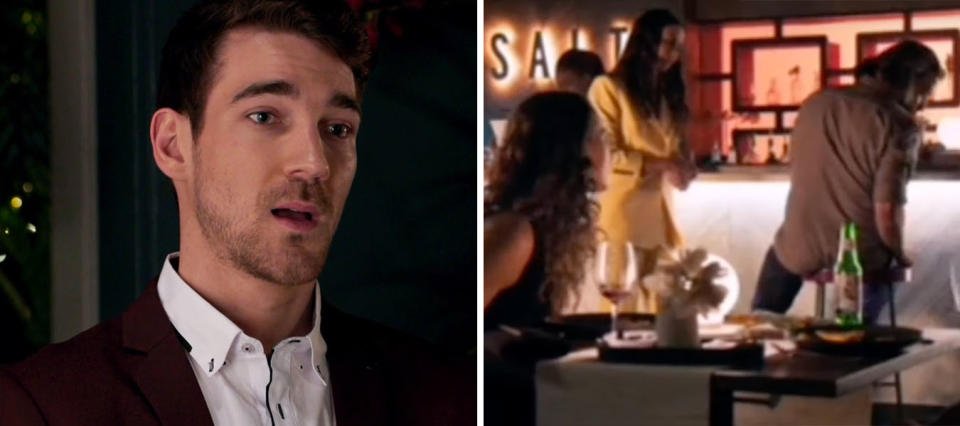 L: Xander looks worried. R: A patron collapses in Salt on Home and Away while Mackenzie watches