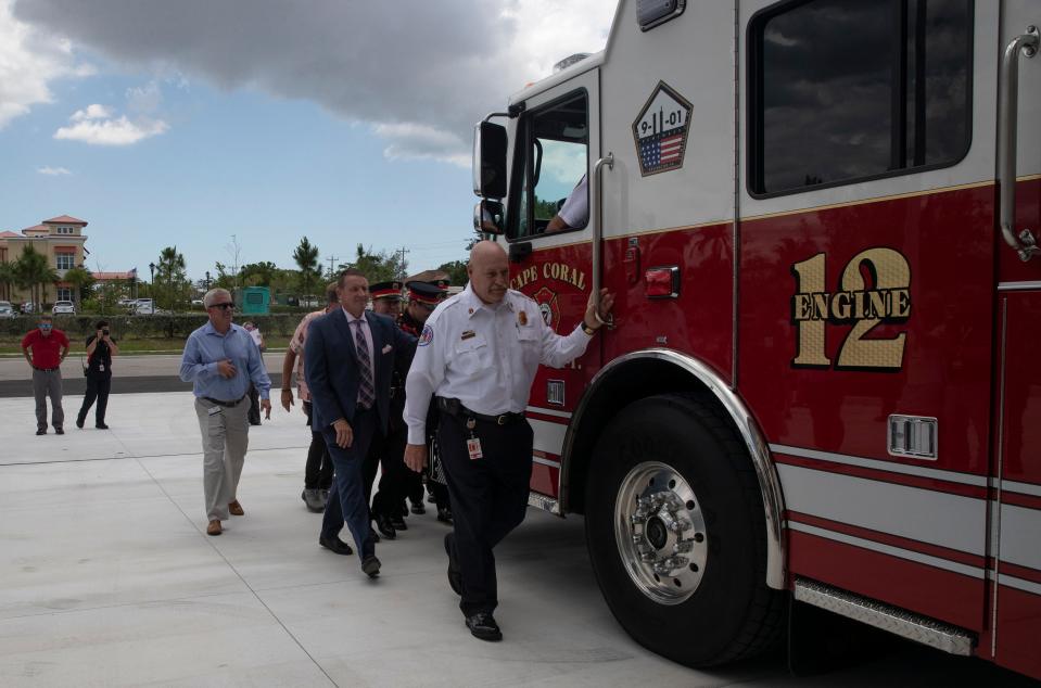 The grand opening celebration of Fire Station 12, located at 2129 Chiquita Blvd., was held on Wednesday, May 4, 2022.  The response district for Fire Station 12 incorporates areas previously covered by Stations 4, 6, and 8 and services a population of over 20,000. It is anticipated to respond to 2,500 emergency calls annually. The addition of this station was necessary to improve response times in the west central area of Cape Coral. ÒA fire doubles in size every 30 seconds, or imagine having difficulty breathing. In an emergency, every second counts,Ó said Fire Chief Ryan W. Lamb, ÒThe addition of Fire Station 12 will greatly reduce response times to residents in this quickly growing community.Ó Fire Station 12 will be staffed by a lieutenant, engineer, and two firefighters and will house an Advanced Life Support (ALS) engine and the DepartmentÕs hazardous material apparatus.