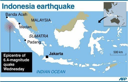 Graphpic locating the epicentre of a 6.4-magnitude quake that struck off the west coast of Indonesia's Sumatra island on Wednesday