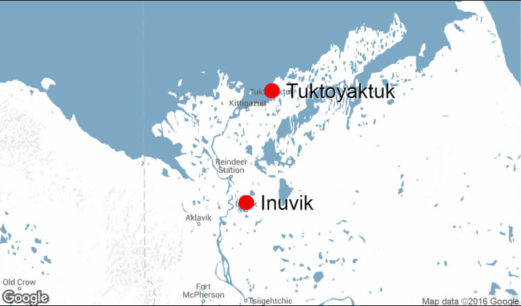 A new all-season highway running from Tuktoyaktuk down to Inuvik and continuing south to Edmonton and Vancouver is nearly complete. (Google)