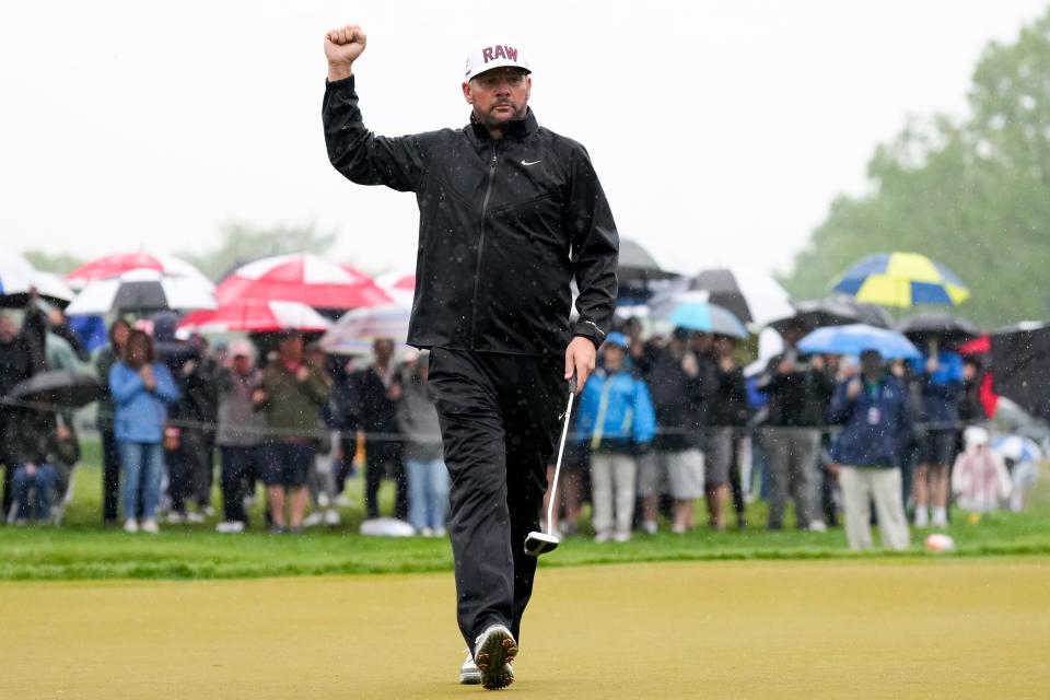 Michael Block celebrates after a birdie on the second hole during the third round of the PGA Championship golf tournament at Oak Hill Country Club on Saturday, May 20, 2023, in Pittsford, N.Y.