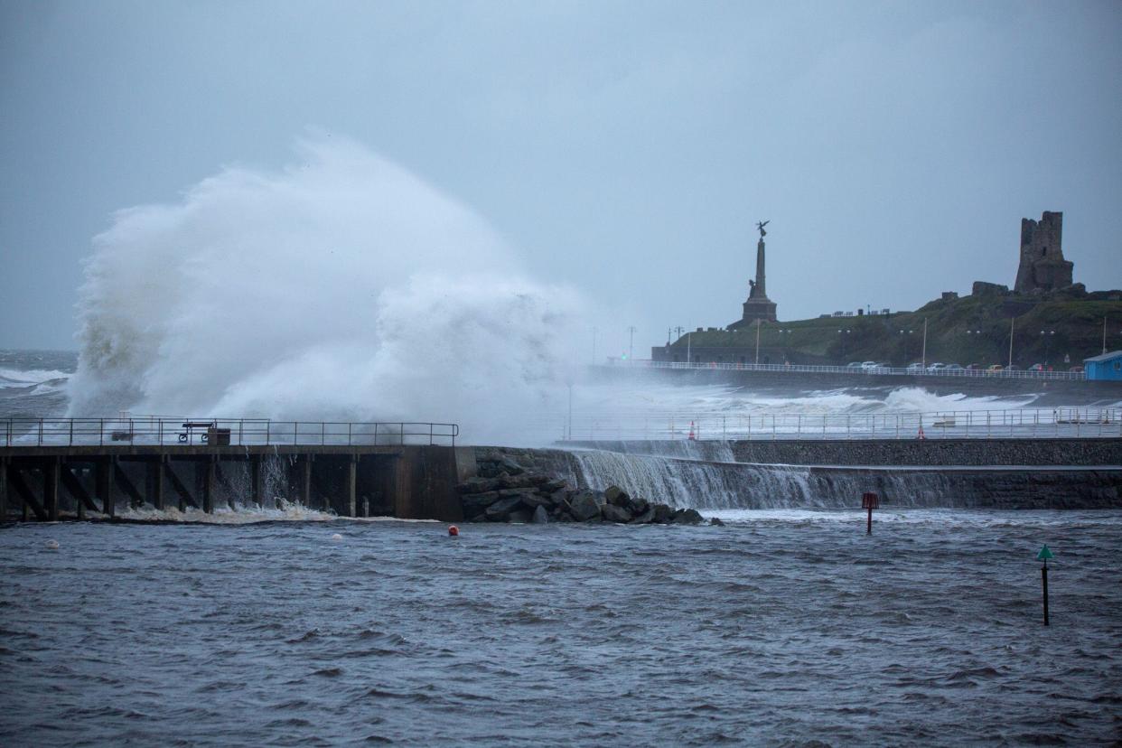 Aberystwyth, Ceredigion, Wales, UK. 13th November 2023 UK Weather: Storm Debi combined with high tide brings large crashing waves, battering against the sea defences along Aberystwyth seafront this morning. © Ian Jones/Alamy Live News