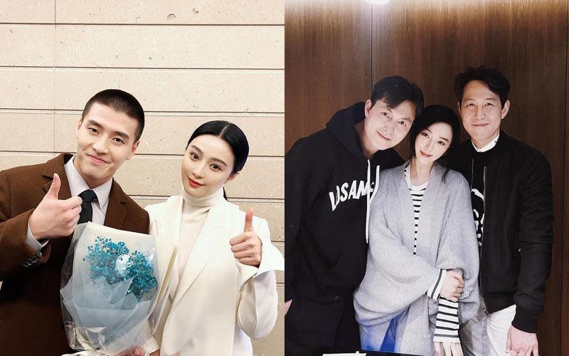 范冰冰客串姜河那主演《INSIDER》，在IG公開多張她與韓星合照，圖右為鄭雨盛和李政宰。（合成圖片，翻攝范冰冰IG）