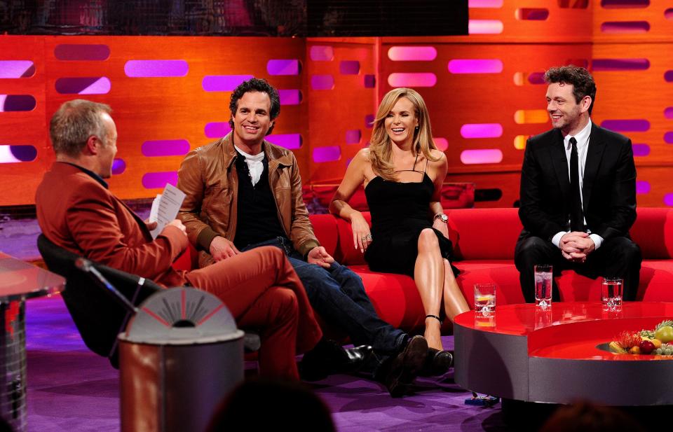 (Left to right) Graham Norton, Mark Ruffalo, Amanda Holden and Michael Sheen during the filming of the Graham Norton Show at the BBC Elstree Studios, London, to be aired on BBC One on Friday evening.