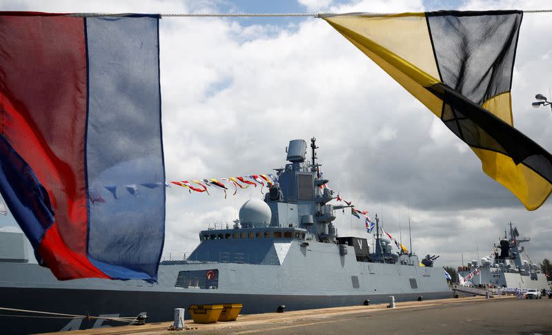Russian frigate Admiral Gorshkov and Chinese frigate Rizhao (598) are seen ahead of scheduled naval exercises in Richards Bay
