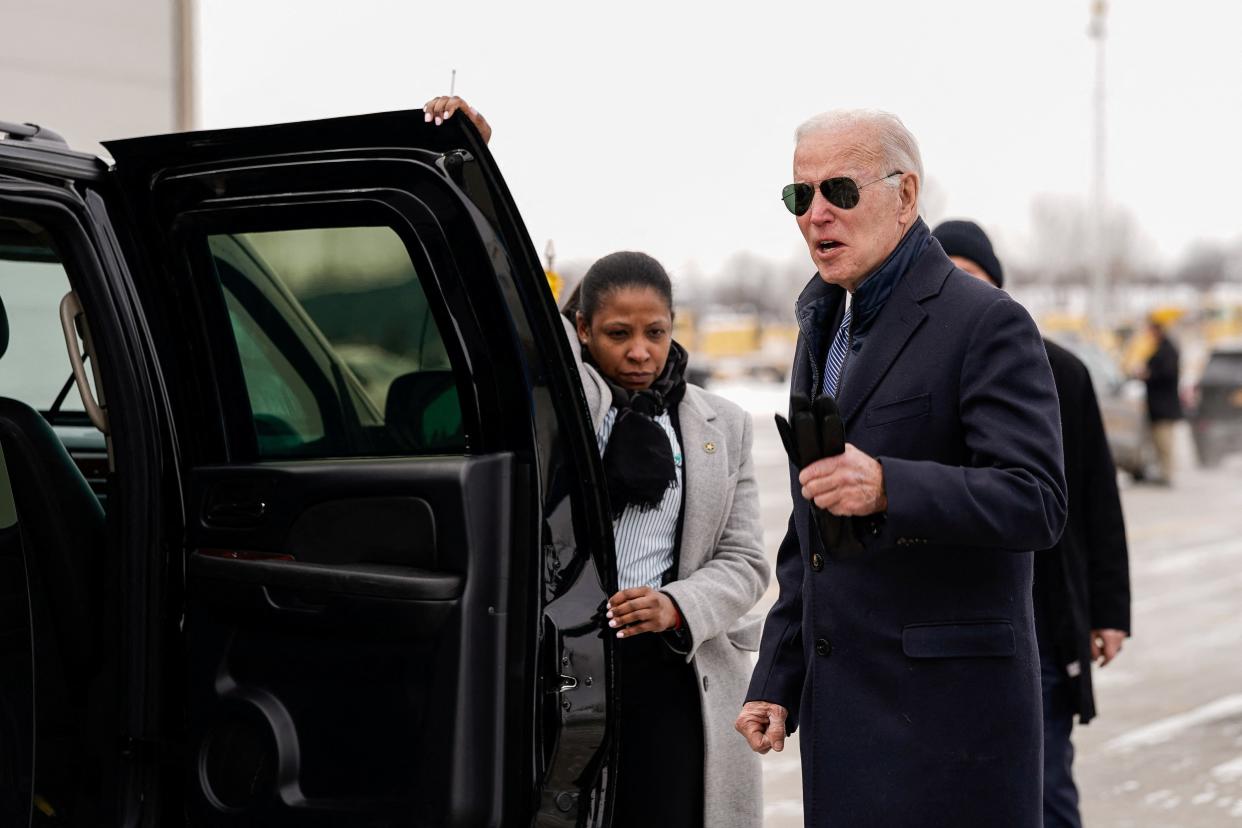 U.S. President Joe Biden answers a question from a reporter before getting into his vehicle after disembarking from Air Force One at Hancock Field Air National Guard Base in Syracuse, New York, U.S., February 4, 2023. (REUTERS)