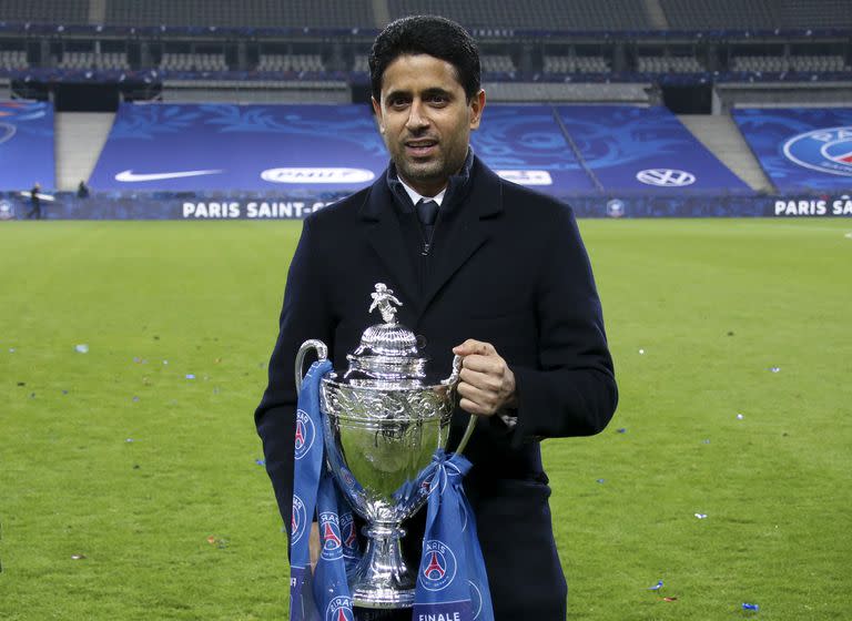 Nasser Al Khelaifi celebra tras la final de la Copa de Francia entre el Paris Saint-Germain (PSG) y el AS Monaco (ASM) en el Stade de France el 19 de mayo del año pasado, en Saint-Denis; la Champions League es su auténtica obsesión