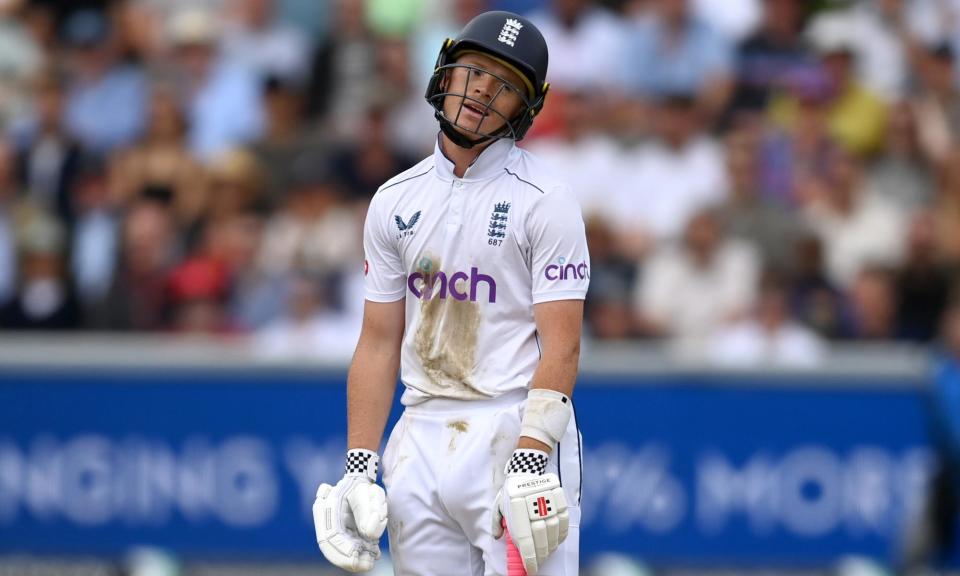 <span>Ollie Pope is the picture of disappointment after falling for just 17 after a poor shot.</span><span>Photograph: Gareth Copley/Getty Images</span>