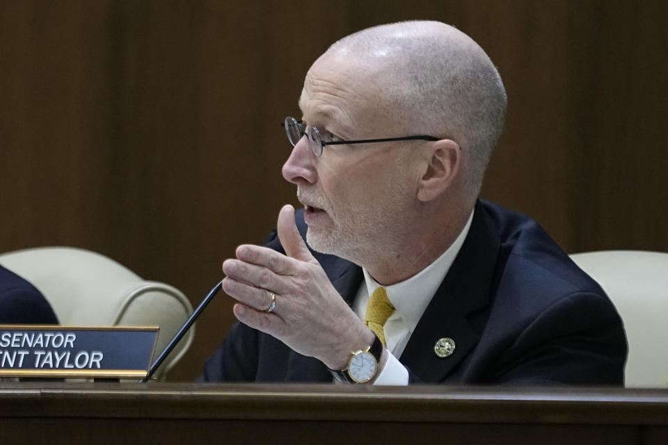 FILE - Sen. Brent Taylor, R-Memphis, asks a question during a meeting of the Senate Judiciary Committee, Tuesday, Feb. 20, 2024, in Nashville, Tenn. Tennessee Gov. Bill Lee has signed a bill that would require law enforcement agencies to communicate with federal immigration authorities if they discover people are in the the country illegally, and would broadly mandate cooperation in the process of identifying, catching, detaining and deporting them. (AP Photo/George Walker IV, File)