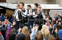 <p>Donnie Wahlberg, Jordan Knight, Joey McIntyre, Jonathan Knight, and Danny Wood pulled on matching jackets for a performance of several of their hits, including “Step by Step,” and their new single “One More Night” on <i>Today</i>. (Photo: John Lamparski/WireImage) </p>