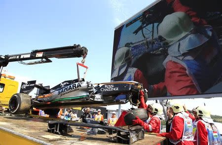 The car of the Force India Formula One driver Sergio Perez of Mexico is pictured after the first practice session of the Hungarian F1 Grand Prix at the Hungaroring circuit, near Budapest, Hungary July 24, 2015. REUTERS/Bernadett Szabo