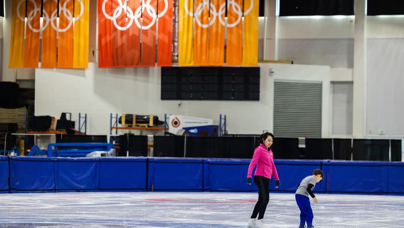 Jessica Mora conducts a skating lesson with Maximo Villasenor, 7, who has autism, at the Utah Olympic Oval in Kearns on June 16, 2023.