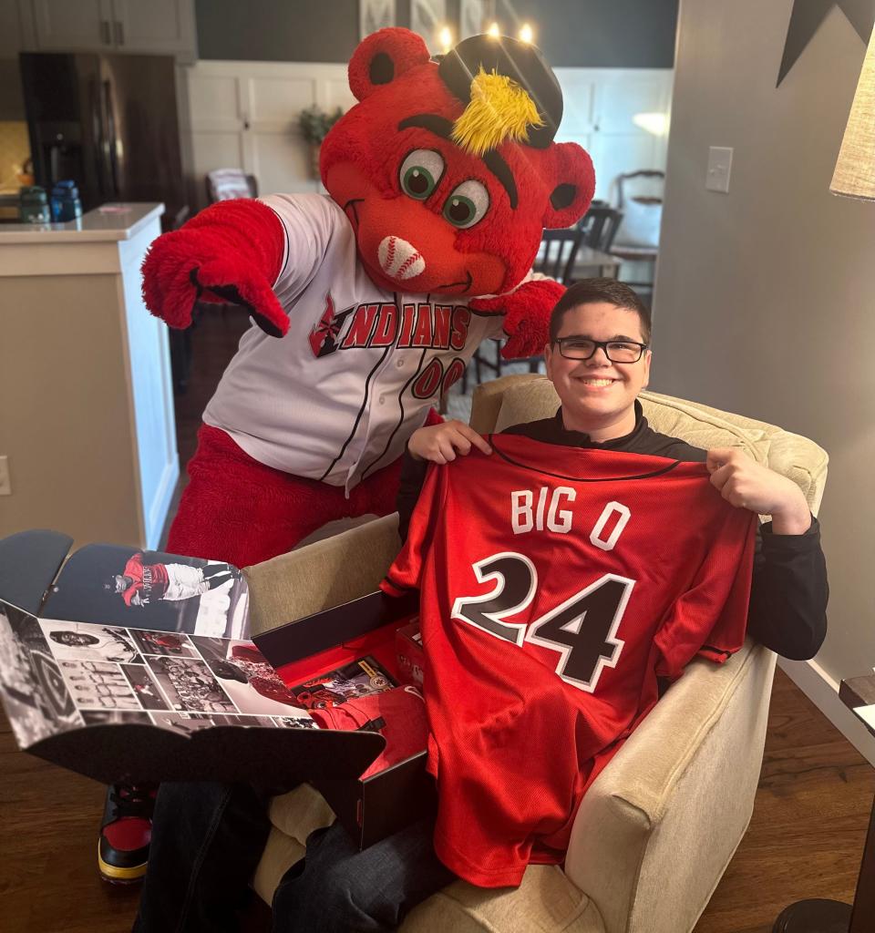 Owen Carr gets a visit from Indianapolis Indians mascot Rowdie at his Avon home.