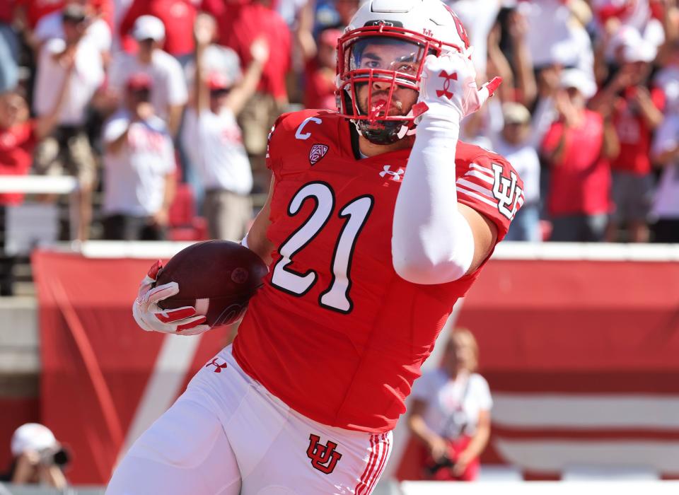 Utah Utes linebacker Karene Reid (21) scores a pick six against the UCLA Bruins in Salt Lake City on Saturday, Sept. 23, 2023. | Jeffrey D. Allred, Deseret News