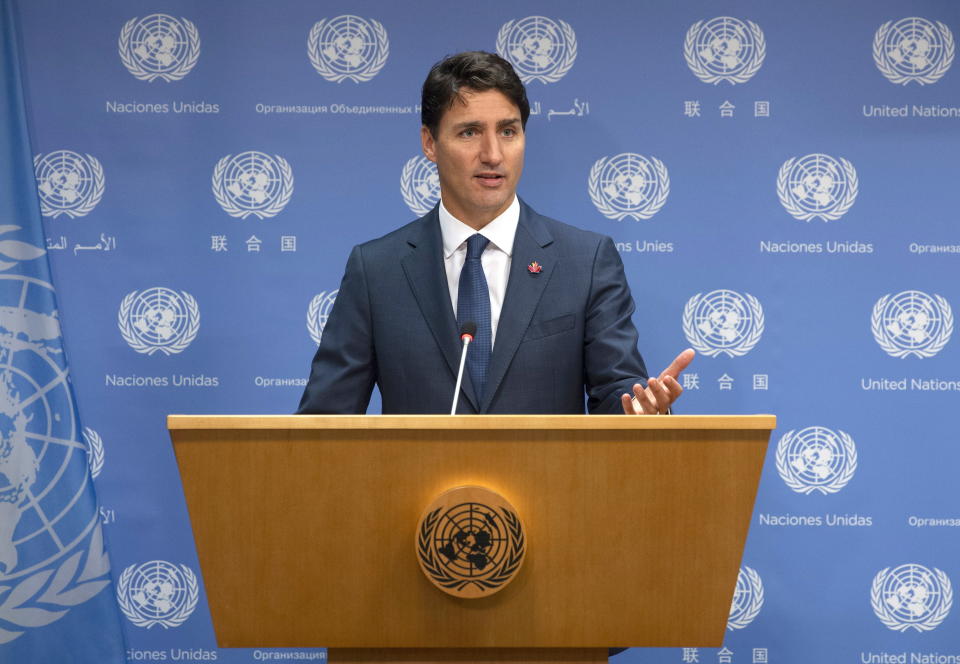 Canadian Prime Minister Justin Trudeau speaks during a news conference at the United Nations headquarters, Wednesday, Sept. 26, 2018. (Adrian Wyld/The Canadian Press via AP)