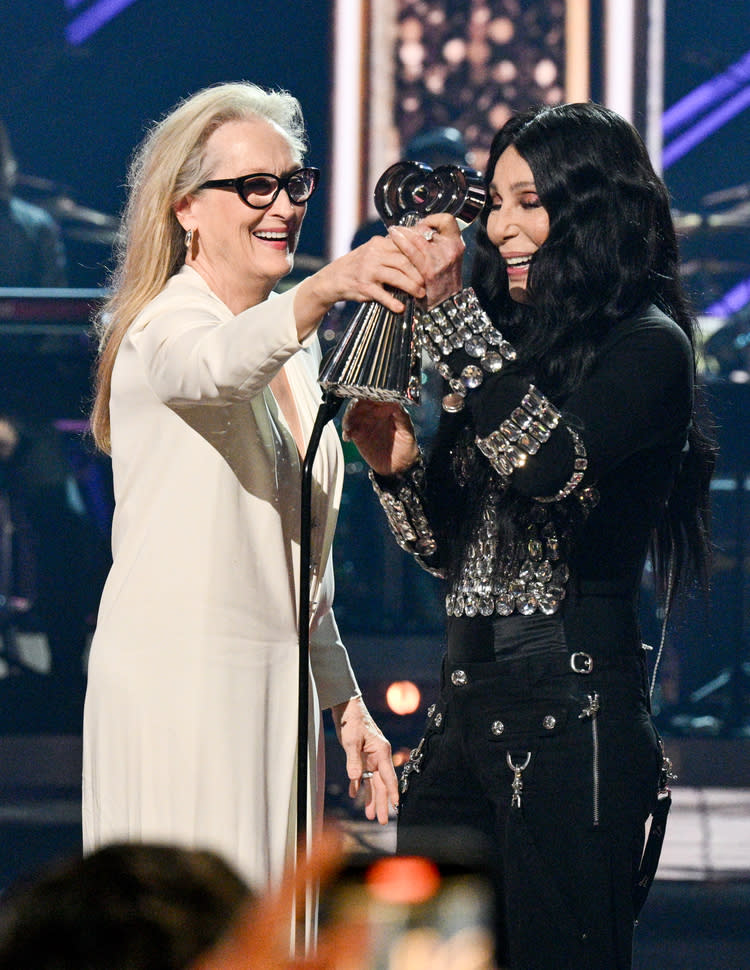 Meryl Streep and Cher at the 2024 iHeartRadio Music Awards held at the Dolby Theatre on April 1, 2024 in Los Angeles, California.