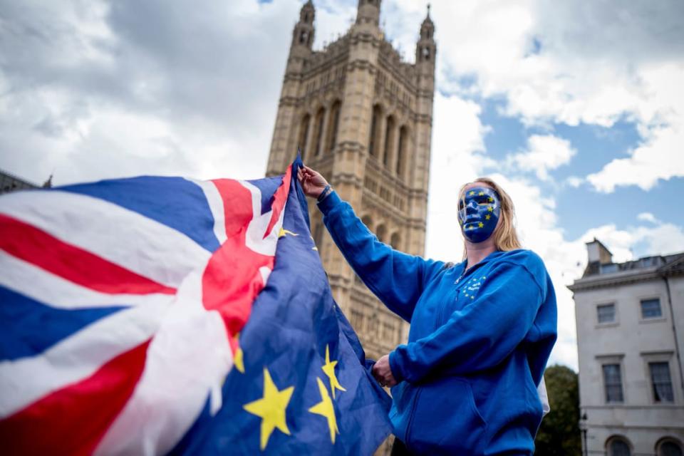 <div class="inline-image__caption"><p>A Pro-European Union protester holds Union and European flags in front of the Victoria Tower at The Palace of Westminster in central London on September 13, 2017, ahead of a rally to warn about the terms of Brexit, by EU nationals in Britain and UK nationals in Europe.</p></div> <div class="inline-image__credit">Tolga Akmen/Getty</div>