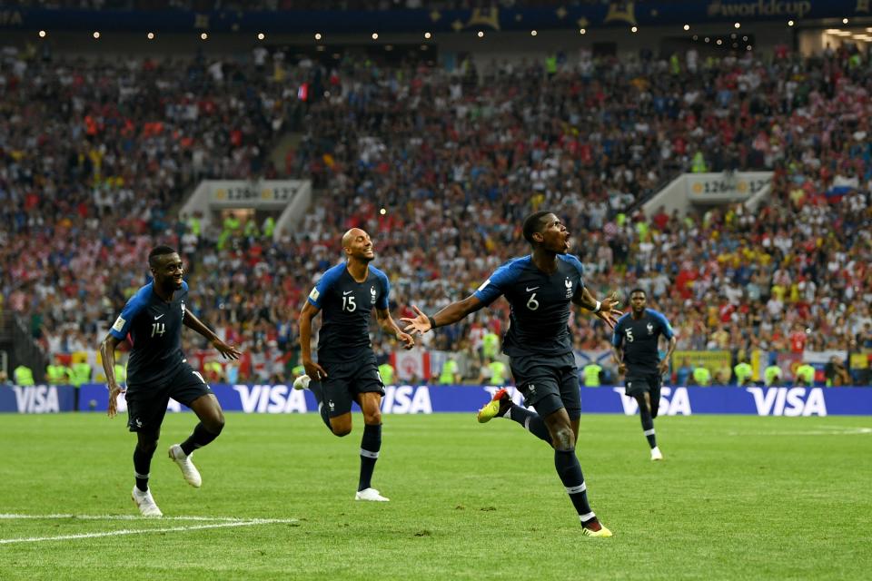 <p>Paul Pogba of France celebrates after scoring his team’s third goal. (Photo by Shaun Botterill/Getty Images) </p>