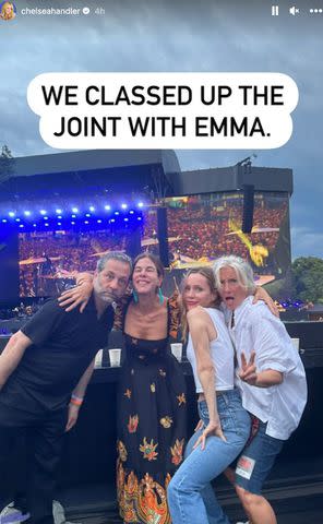 <p>Chelsea Handler/Instagram</p> Chelsea Handler shares a snap of her celebrity pals, including Judd Apatow, Leslie Mann and Emma Thompson, at Bruce Springsteen's July 8 London concert.