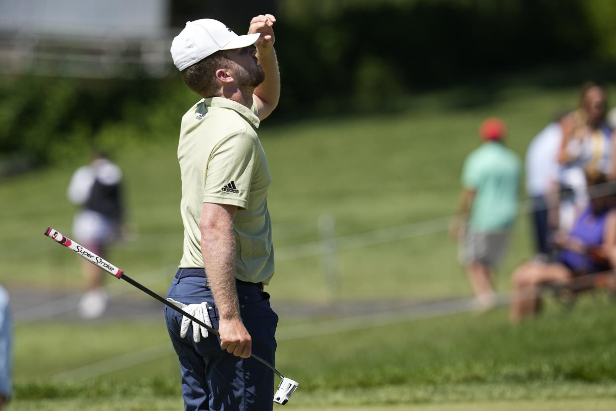 Daniel Berger reacts to his shot on the 18th green during Saturday's third round of the Memorial golf tournament in Dublin, Ohio.