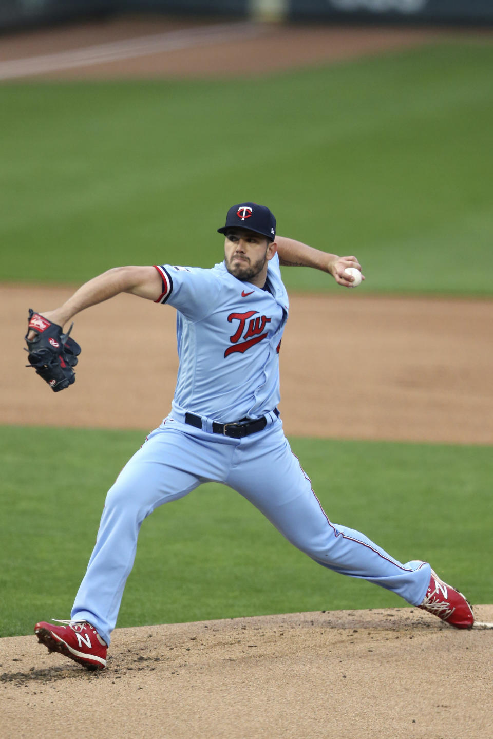 Minnesota Twins pitcher Lewis Thorpe throws to a Texas Rangers batter during the first inning of a baseball gameWednesday, May 5, 2021, in Minneapolis. (AP Photo/Stacy Bengs)