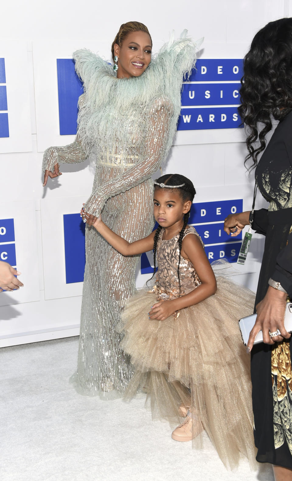 FILE - This Aug. 28, 2016 file photo shows Beyonce, left, and her daughter Blue Ivy at the MTV Video Music Awards in New York. Beyonce announced on her Instagram account, Wednesday, Feb. 1, 2017, that she is expecting twins. (Photo by Evan Agostini/Invision/AP, File)