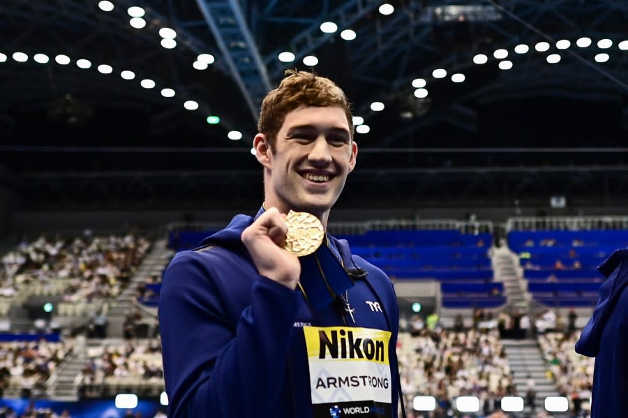 Gold medallist USA’s Hunter Armstrong attends the medals ceremony for the men’s 50m backstroke swimming event during the World Aquatics Championships in Fukuoka on July 30, 2023. (Photo by MANAN VATSYAYANA / AFP) (Photo by MANAN VATSYAYANA/AFP via Getty Images)