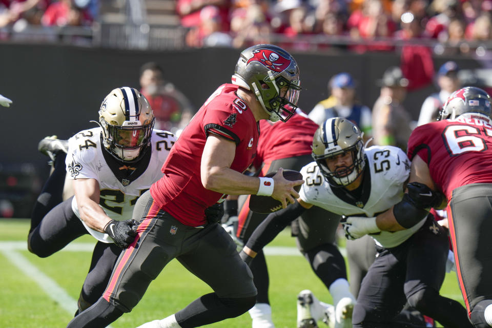 New Orleans Saints safety Johnathan Abram (24) sacks Tampa Bay Buccaneers quarterback Baker Mayfield (6) in the first half of an NFL football game in Tampa, Fla., Sunday, Dec. 31, 2023. (AP Photo/Chris O'Meara)
