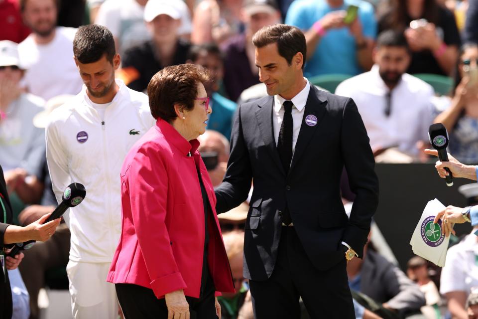 Billie Jean King and Roger Federer of Switzerland speak during the Centre Court Centenary Celebration on day seven of The Championships Wimbledon 2022 at All England Lawn Tennis and Croquet Club on July 03, 2022