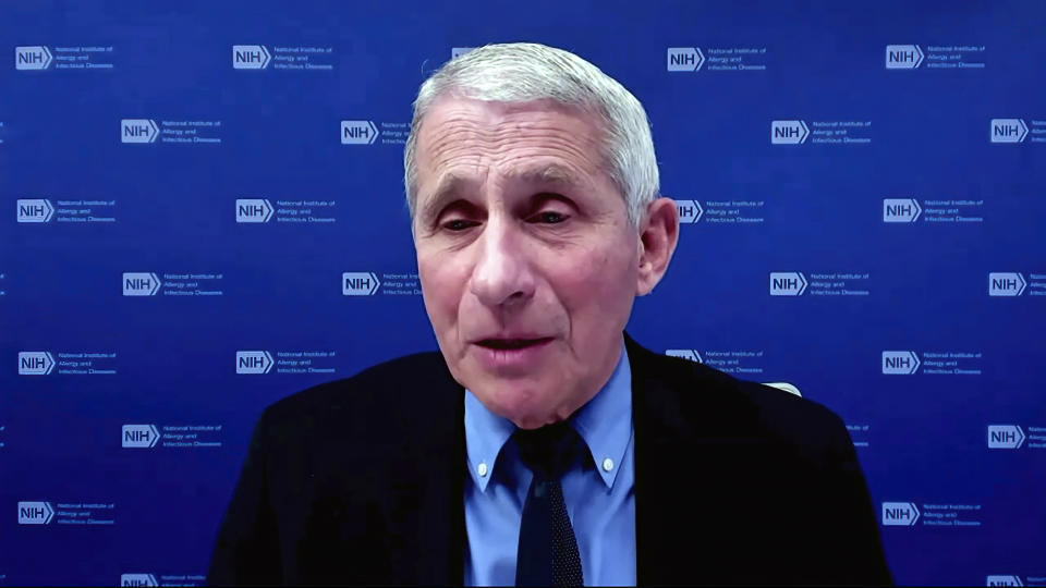 In this image from video, Dr. Anthony Fauci, director of the National Institute of Allergy and Infectious Diseases and chief medical adviser to the president, speaks during a White House briefing on the Biden administration's response to the COVID-19 pandemic Wednesday, Jan. 27, 2021, in Washington. (White House via AP)