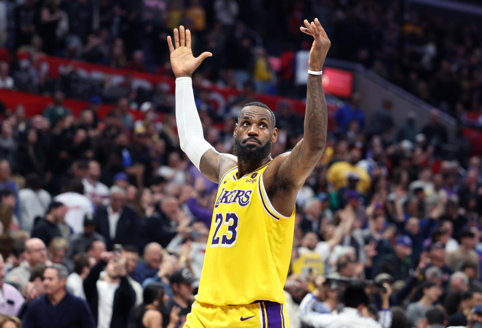 Los Angeles, California February 28, 2024-Lakers LeBron James celebrates the win against the Clippers at the end of the game at Crypto.com Arena Wednesday. (Wally Skalij/Los Angeles Times via Getty Images)