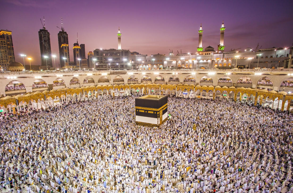 Muslim pilgrims from all around the world doing tawaf, praying around the kabah in Mecca, Saudi Arabia, during hajj and umra period.