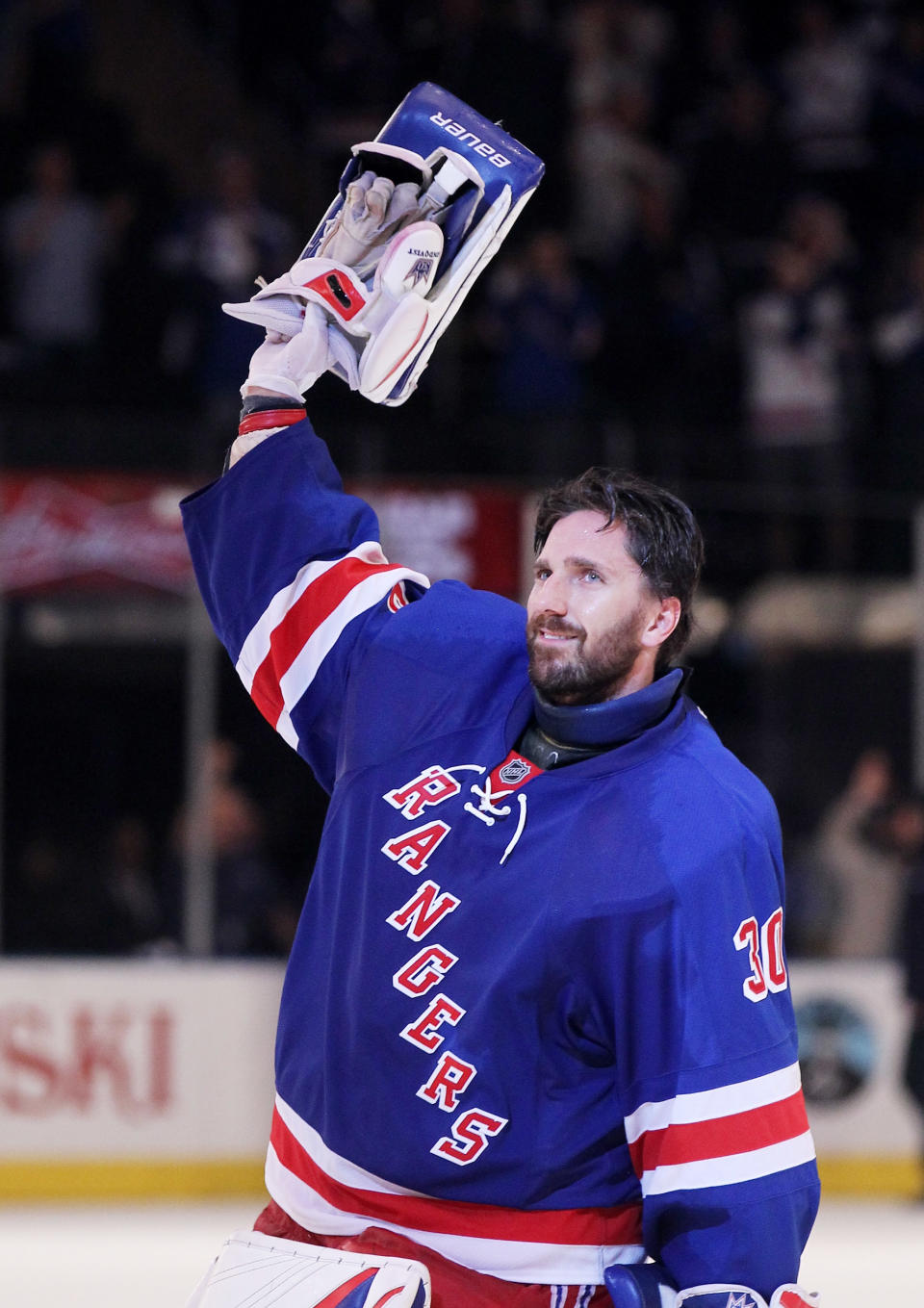 NEW YORK, NY - MAY 14: Henrik Lundqvist #30 of the New York Rangers waves to the crowd after their 3 to 0 win over the New Jersey Devils in Game One of the Eastern Conference Finals during the 2012 NHL Stanley Cup Playoffs at Madison Square Garden on May 14, 2012 in New York City. (Photo by Bruce Bennett/Getty Images)