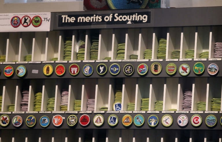 Boy Scout merit badge patches are displayed in a store at the Marin Council of the Boy Scouts of America on July 27, 2015 in San Rafael, California