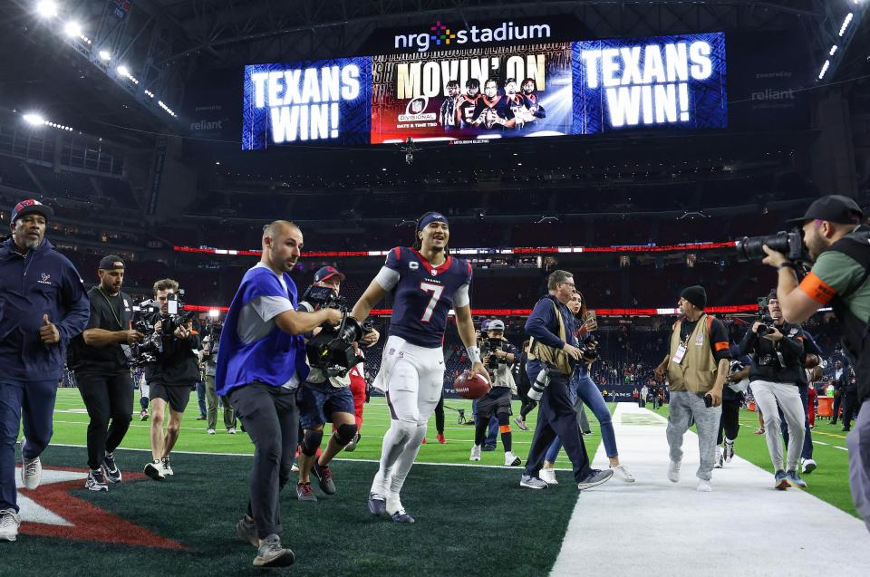 C.J. Stroud celebrates as he jogs off the field after the Houston Texans defeated the Cleveland Browns.