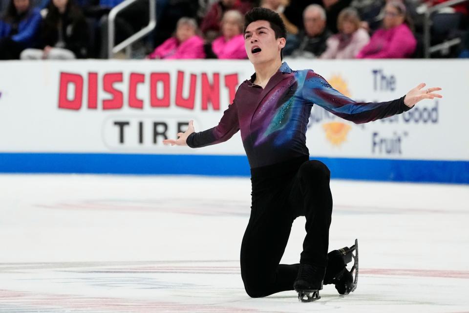 Jan 28, 2024; Columbus, Ohio, USA; Camden Pulkinen skates during his performance in the championship men’s free skate during the 2024 US Figure Skating Championships at Nationwide Arena. Mandatory Credit: Adam Cairns-USA TODAY Sports