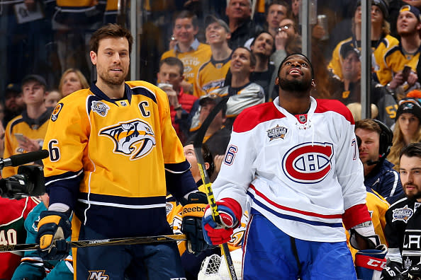 NASHVILLE, TN - JANUARY 30: Shea Weber #6 of the Nashville Predators and P.K. Subban #76 of the Montreal Canadiens look on in the AMP Energy NHL Hardest Shot during the 2016 Honda NHL All-Star Skill Competition at Bridgestone Arena on January 30, 2016 in Nashville, Tennessee. (Photo by Bruce Bennett/Getty Images)