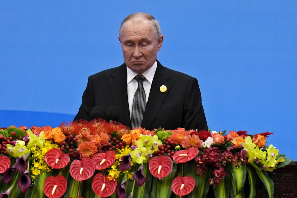 Russian President Vladimir Putin delivers a speech during the Belt and Road Forum at the Great Hall of the People in Beijing, Wednesday, Oct. 18, 2023. (AP Photo/Ng Han Guan)