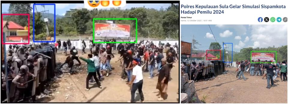 <span>Screenshot comparison of the clip shared in false posts (left) and the Berita Satu image (right) with similarities highlighted by AFP</span>